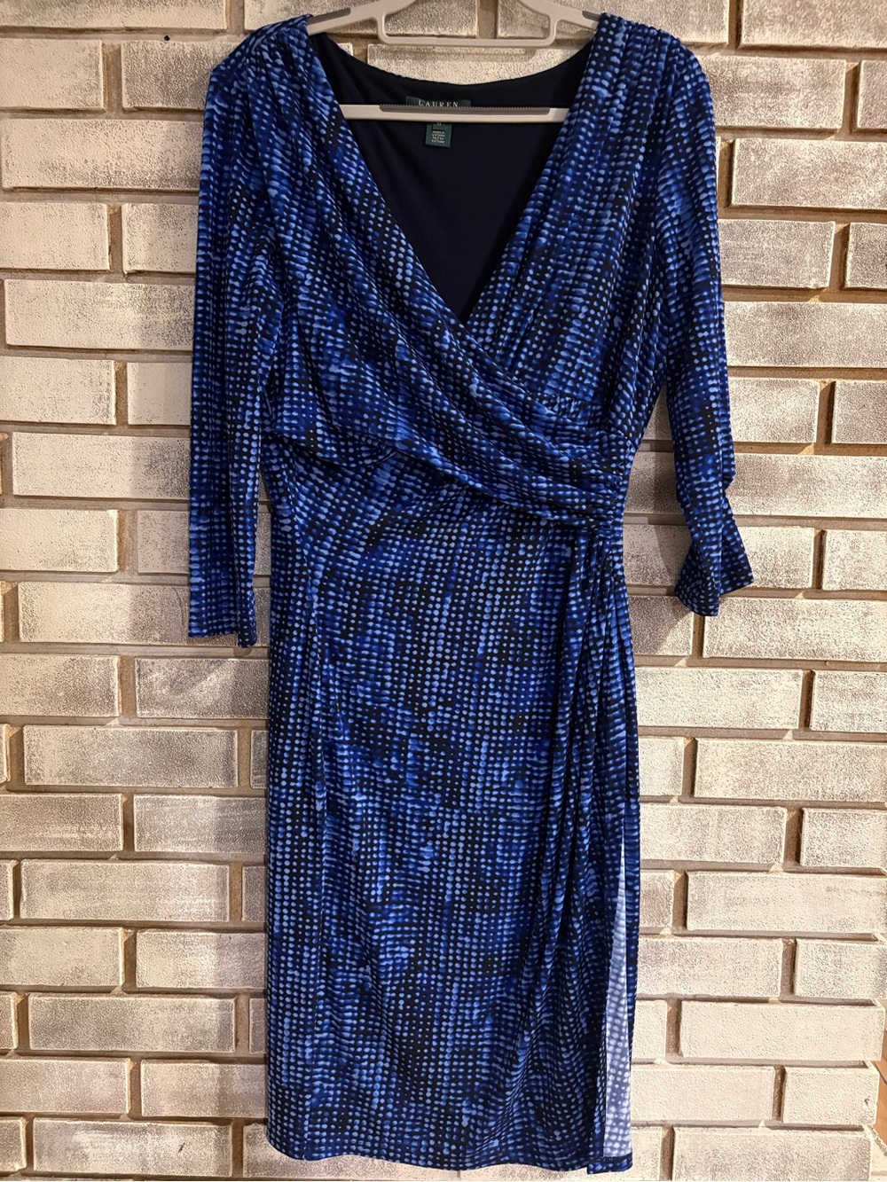 Ralph Lauren Cobalt Blue and Black Faux-Wrap Midi Dress Polished Work Wear